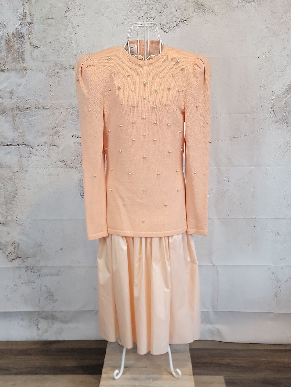Vintage Evenings By Raul Blanco Pearl-Embellished Peach Knit Sweater Dress